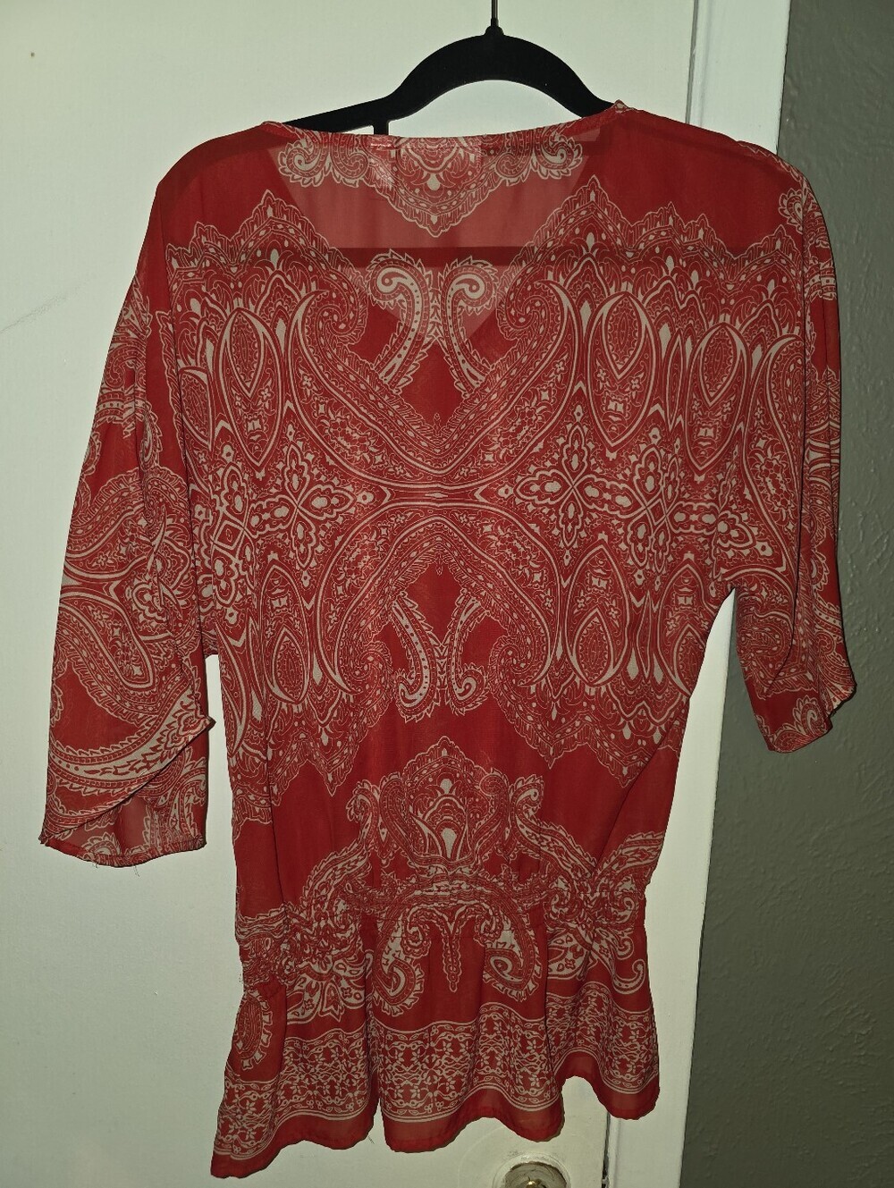 Chico's Red Sheer Paisley Peplum Tunic - Picture 3 of 3